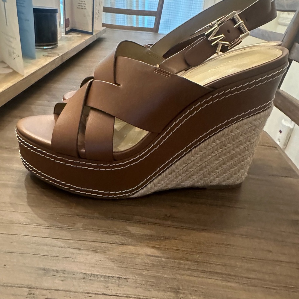 Michael Kors Tan Leather Crisscross Wedge Sandals - Picture 6 of 10